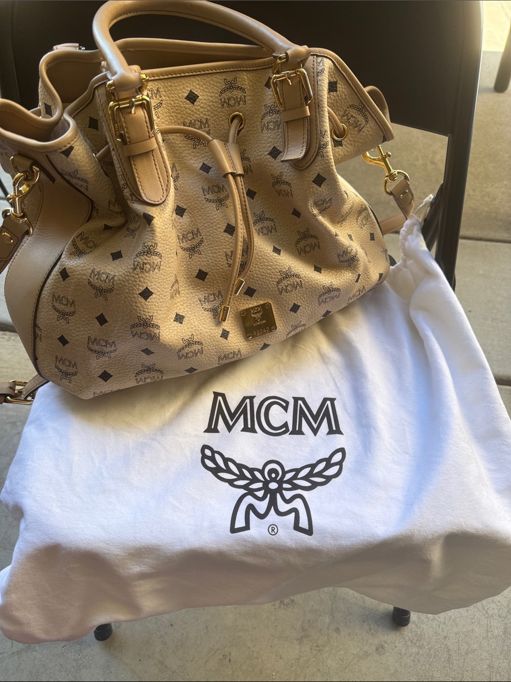 MCM Tan Visetos Drawstring Shoulder Bag with Gold Hardware